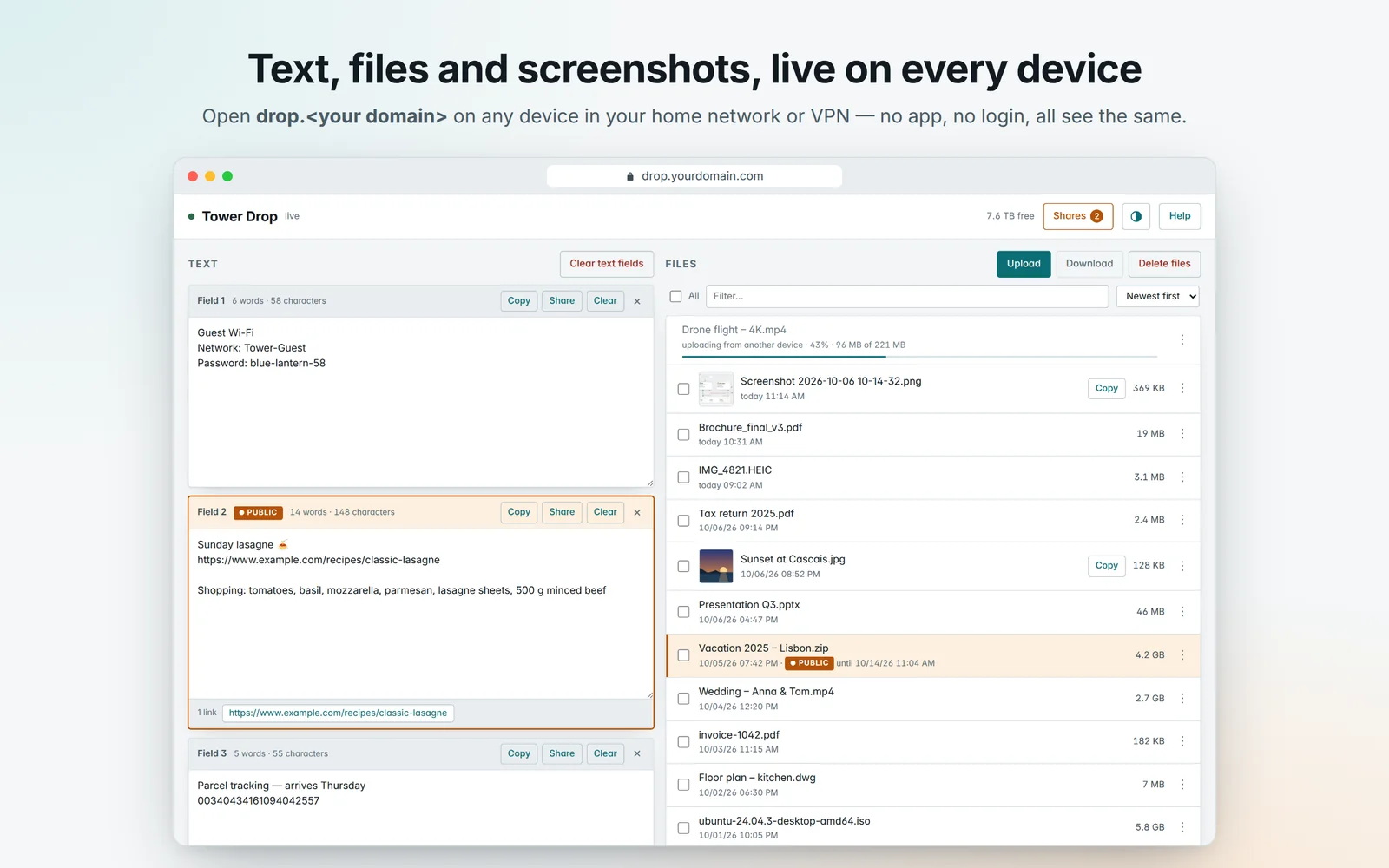 Dropnook in pictures: text fields and files, sharing to the internet, what is public, the recipient's page, the phone and other languages